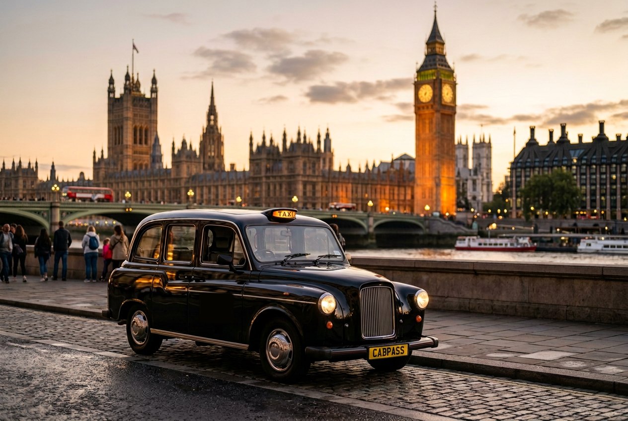 A classic London Black Cab in front of Big Ben and Westminster at golden hour