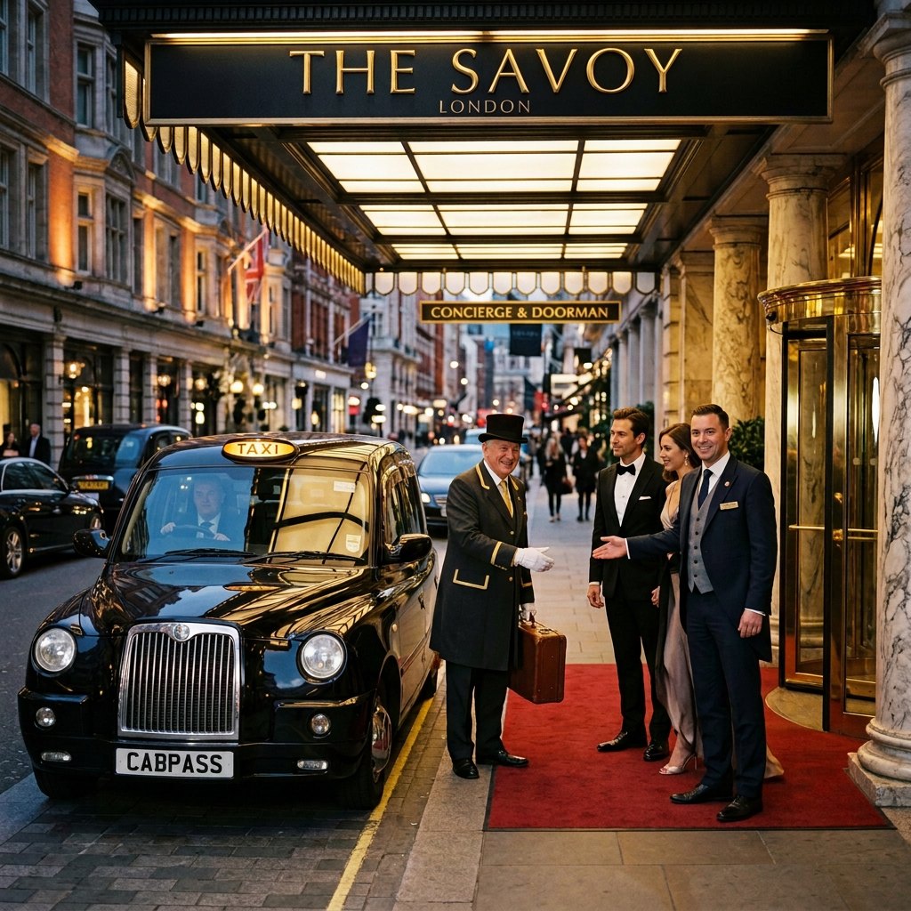 A doorman welcoming guests beside a London Black Cab at a five-star hotel