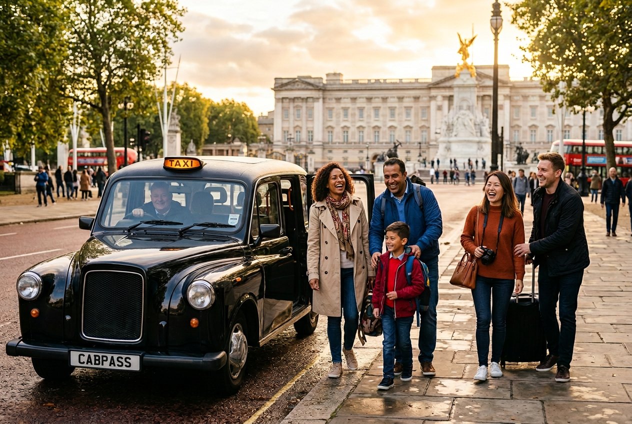 Happy international guests stepping out of a London Black Cab near Buckingham Palace
