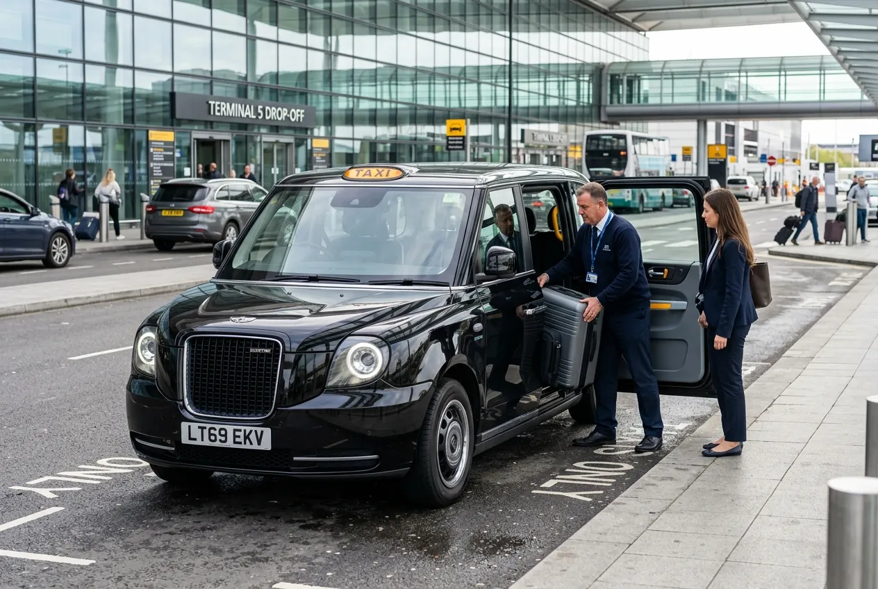 Modern LEVC TX electric London Black Cab at an airport terminal with passenger luggage