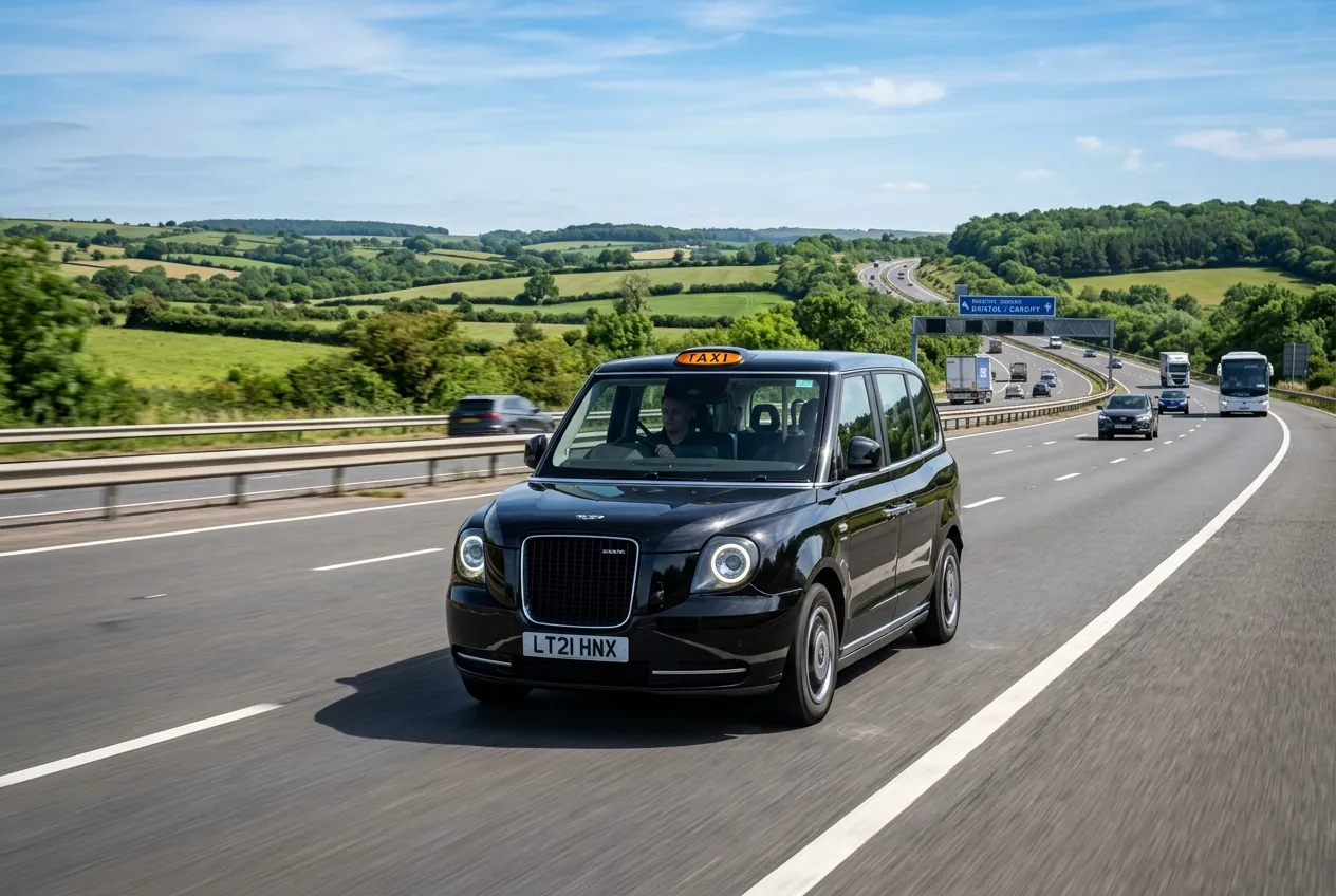 Modern LEVC TX electric London Black Cab on the open road