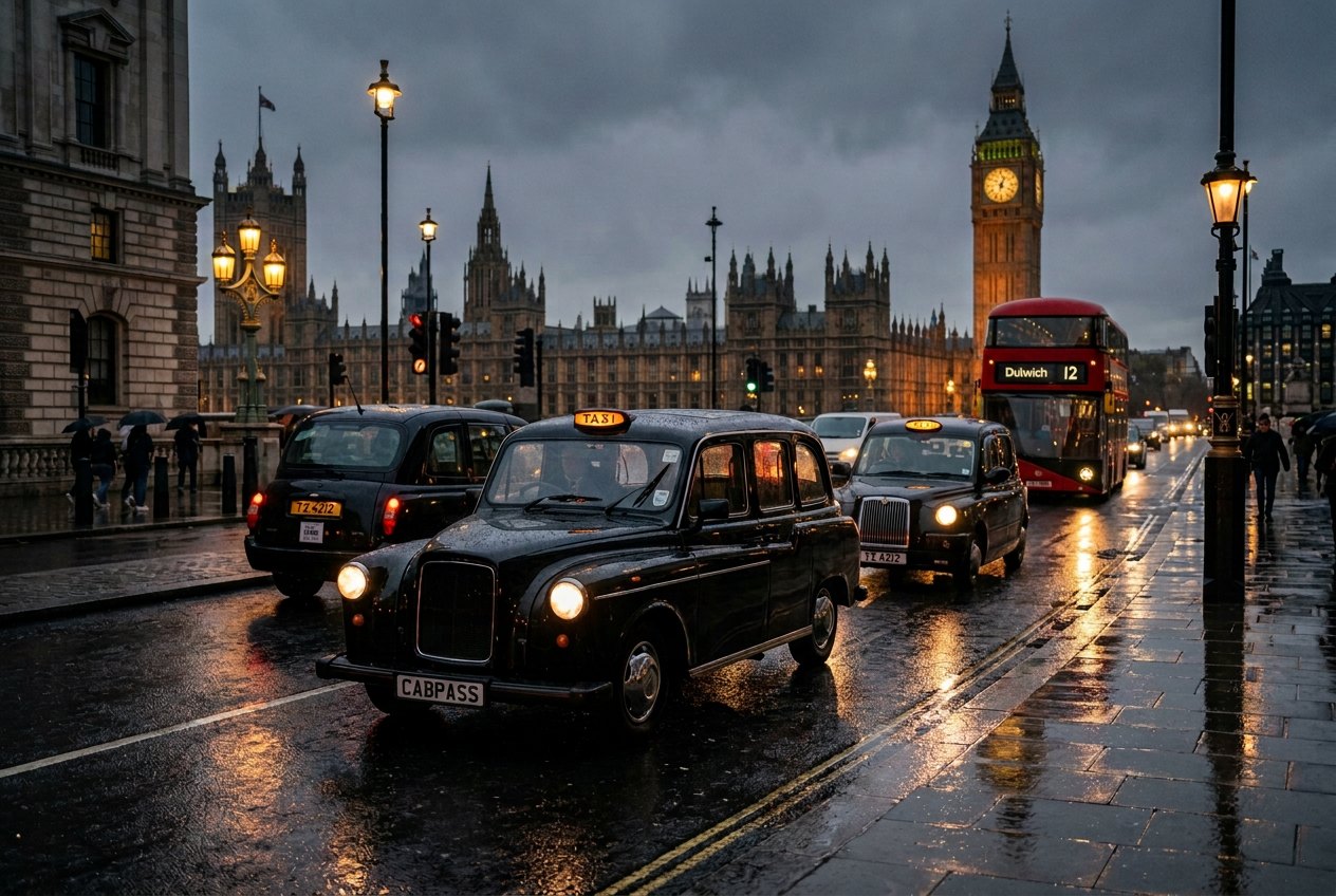 Black cabs on a rainy London street