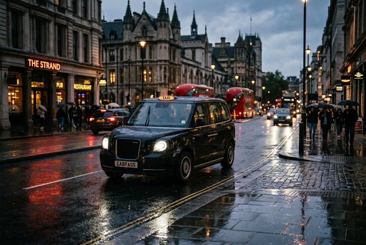 London black cab on a rainy central London street at dusk