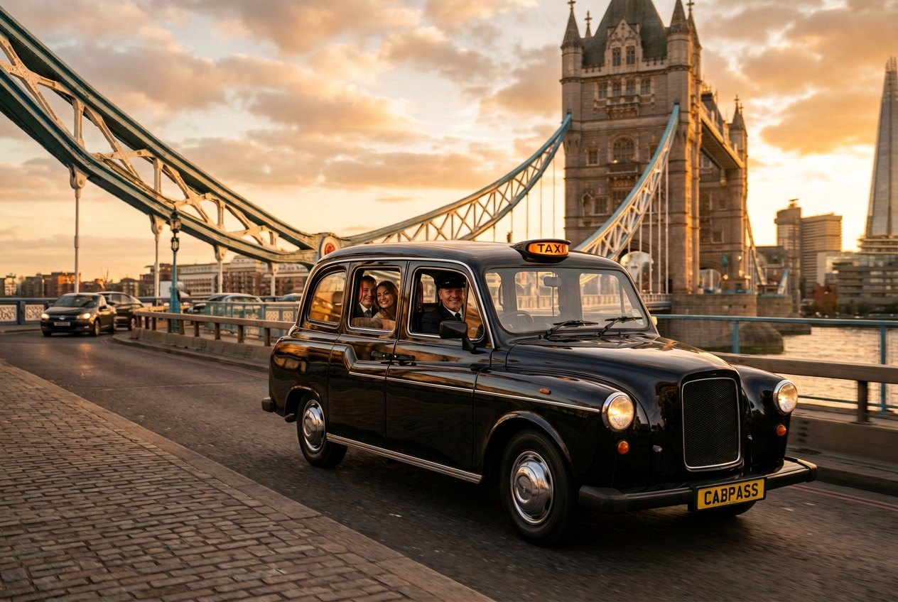 London black cab crossing Tower Bridge